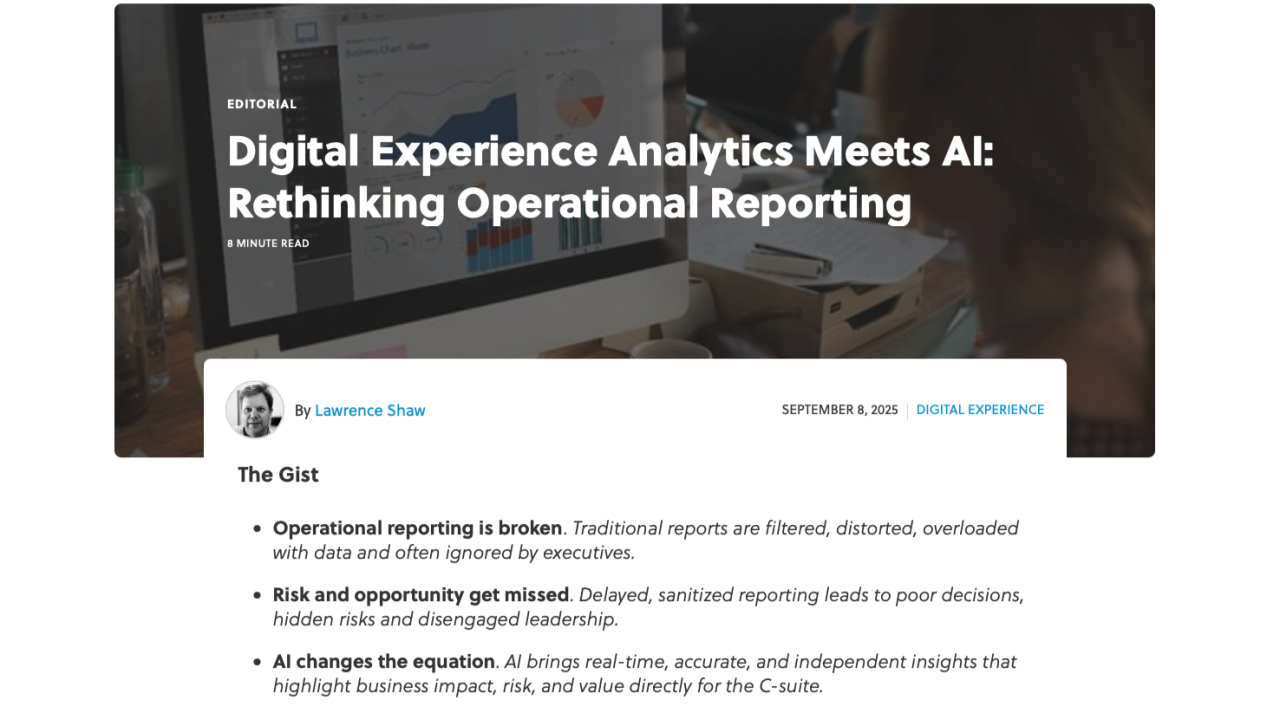 Screenshot of CMSWire article 'Digital Experience Analytics Meets AI: Rethinking Operational Reporting' by Lawrence Shaw.