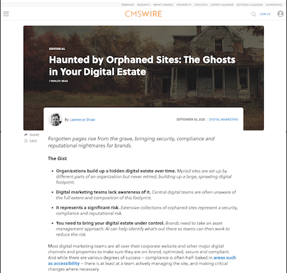 Screenshot of CMSWire article titled “Haunted by Orphaned Sites: The Ghosts in Your Digital Estate” by Lawrence Shaw, highlighting risks of hidden digital footprints.