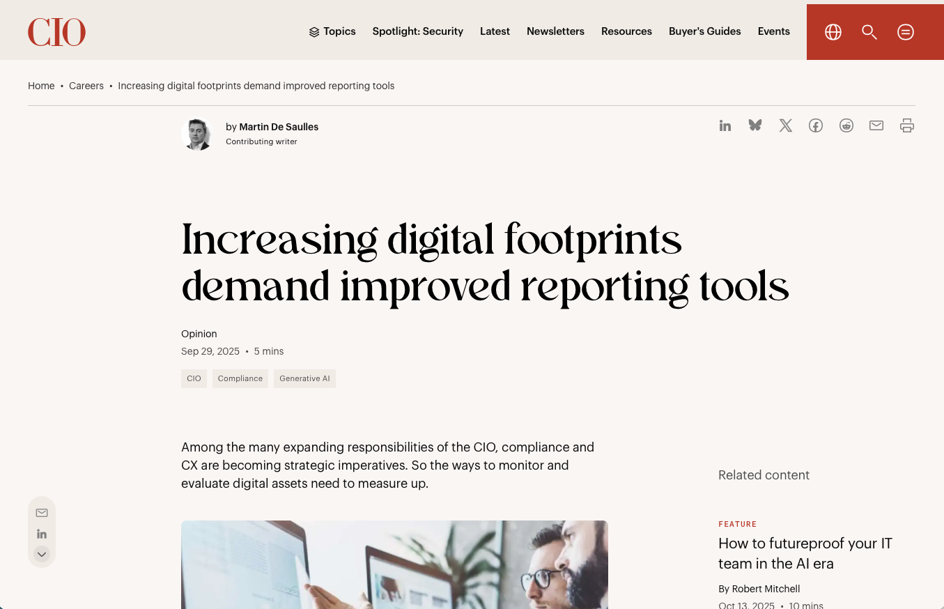 Screenshot of a CIO.com article titled “Increasing digital footprints demand improved reporting tools,” written by Martin De Saulles, published on September 29, 2025.