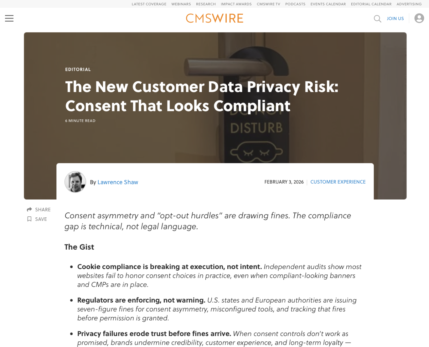 CMSWire article titled “The New Customer Data Privacy Risk: Consent That Looks Compliant” by Lawrence Shaw, shown with a door handle and a “Do Not Disturb” sign in the background.