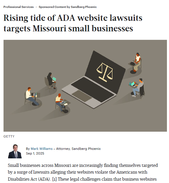 Screenshot of a Kansas City Business Journal article about rising ADA website lawsuits against Missouri small businesses.
