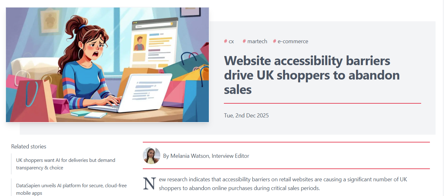 A screenshot of the IT Brief UK article titled “Website accessibility barriers drive UK shoppers to abandon sales,” showing the feature image and headline